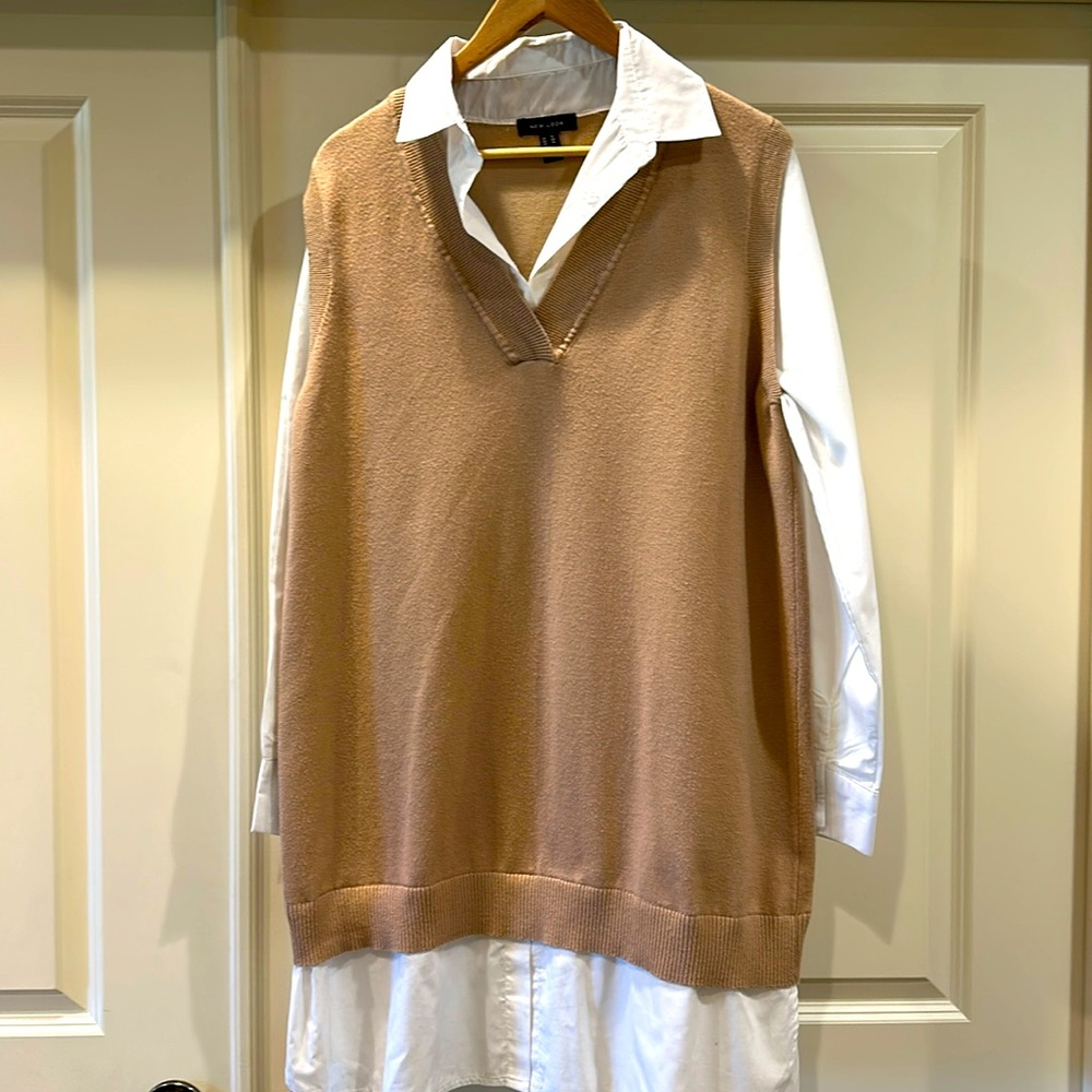 Button-down tan and white shirt dress